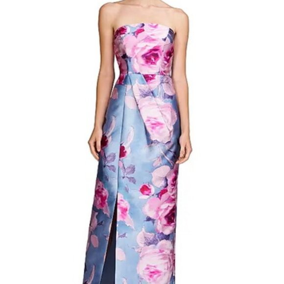Kay Unger Pearl Blue Multi Lucienne Floral Strapless Column Gown - Picture 1 of 5